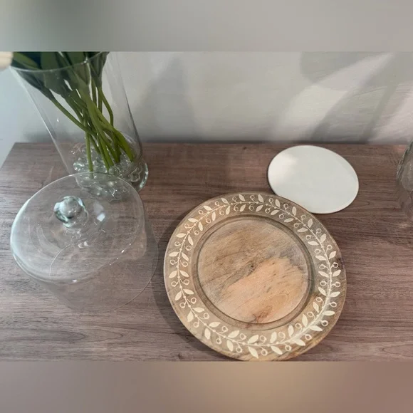 One of a Kind Glass Cloche Serving Tray with Wooden Base and Ceramic Plate - Picture 4 of 8